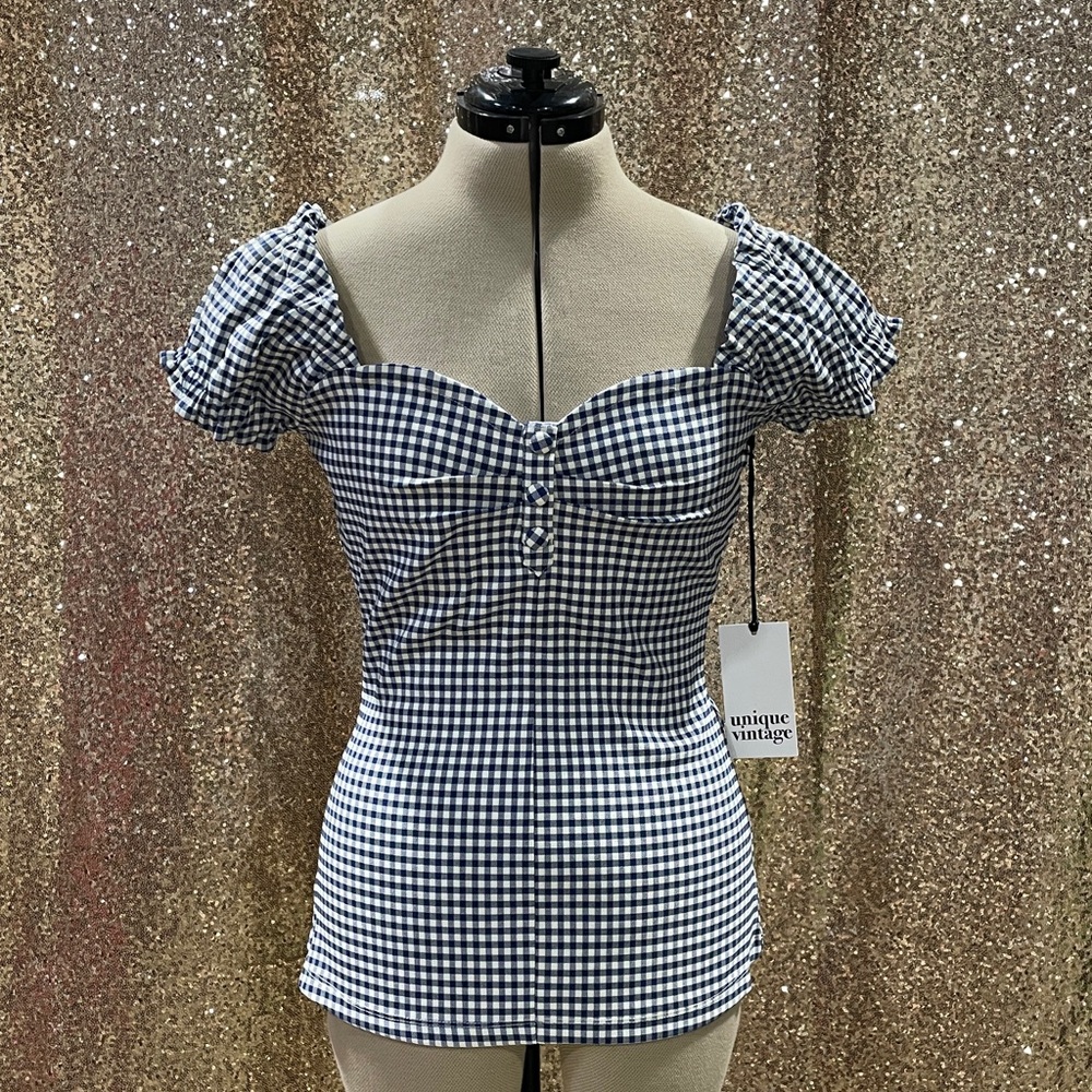 Unique Vintage Blue and White Checkered Blouse